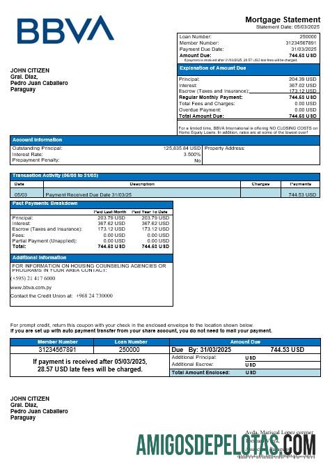Extrato de hipoteca do Banco BBVA do Paraguai em formatos Word e PDF modelo